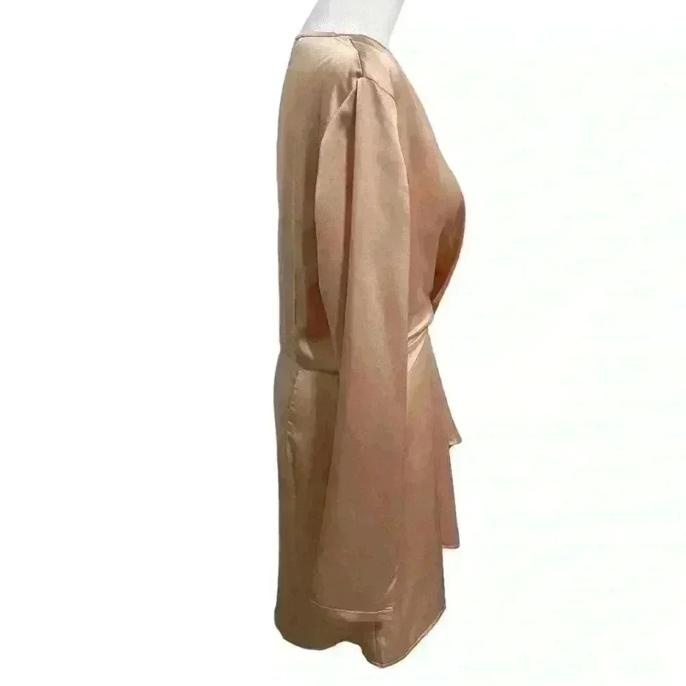 PrettyLittleThing Nude Satin Long Sleeve Wrap Dress - Picture 8 of 13